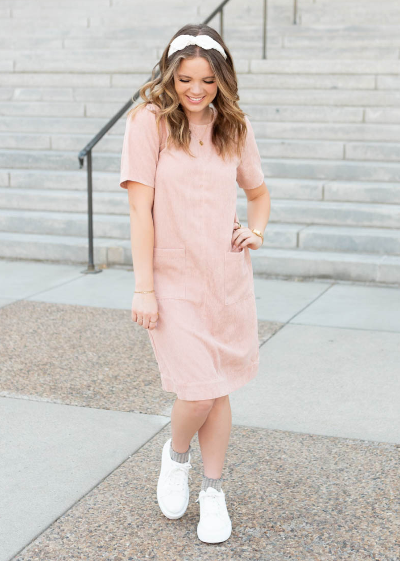 Blush corduroy dress with short sleeves