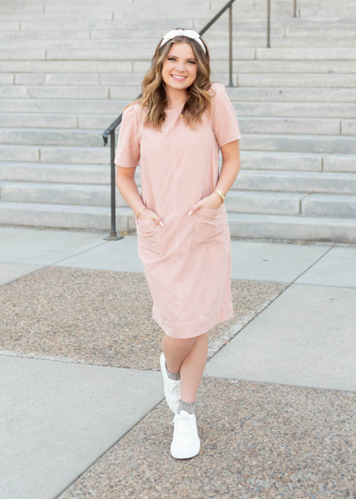 Short sleeve blush corduroy dress