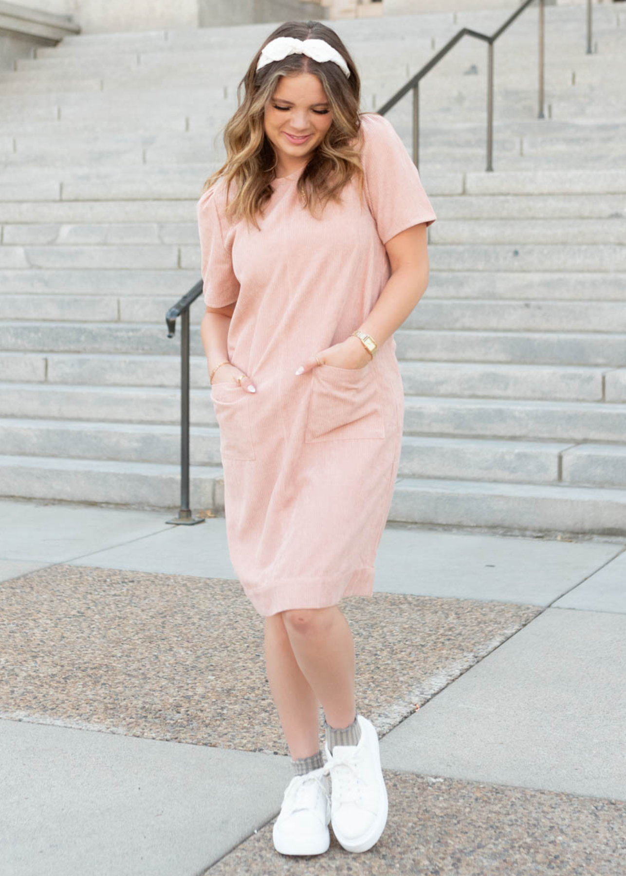 Blush corduroy dress with front pockets and short sleeves