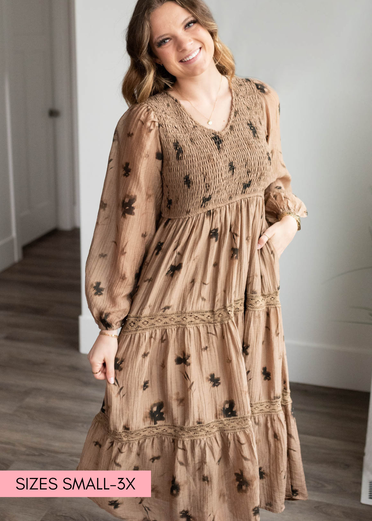 Mocha floral tiered dress with long sleeves