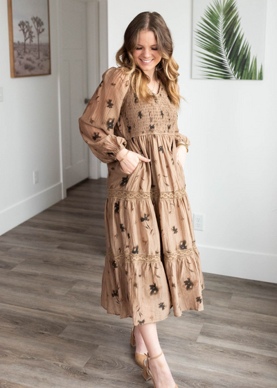 Mocha floral tiered dress