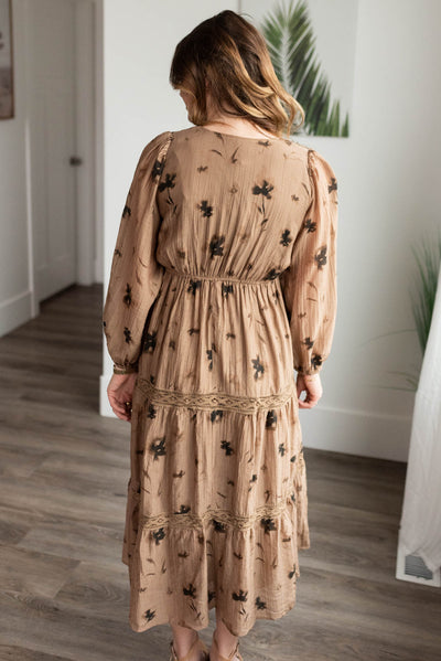 Back view of the mocha floral tiered dress