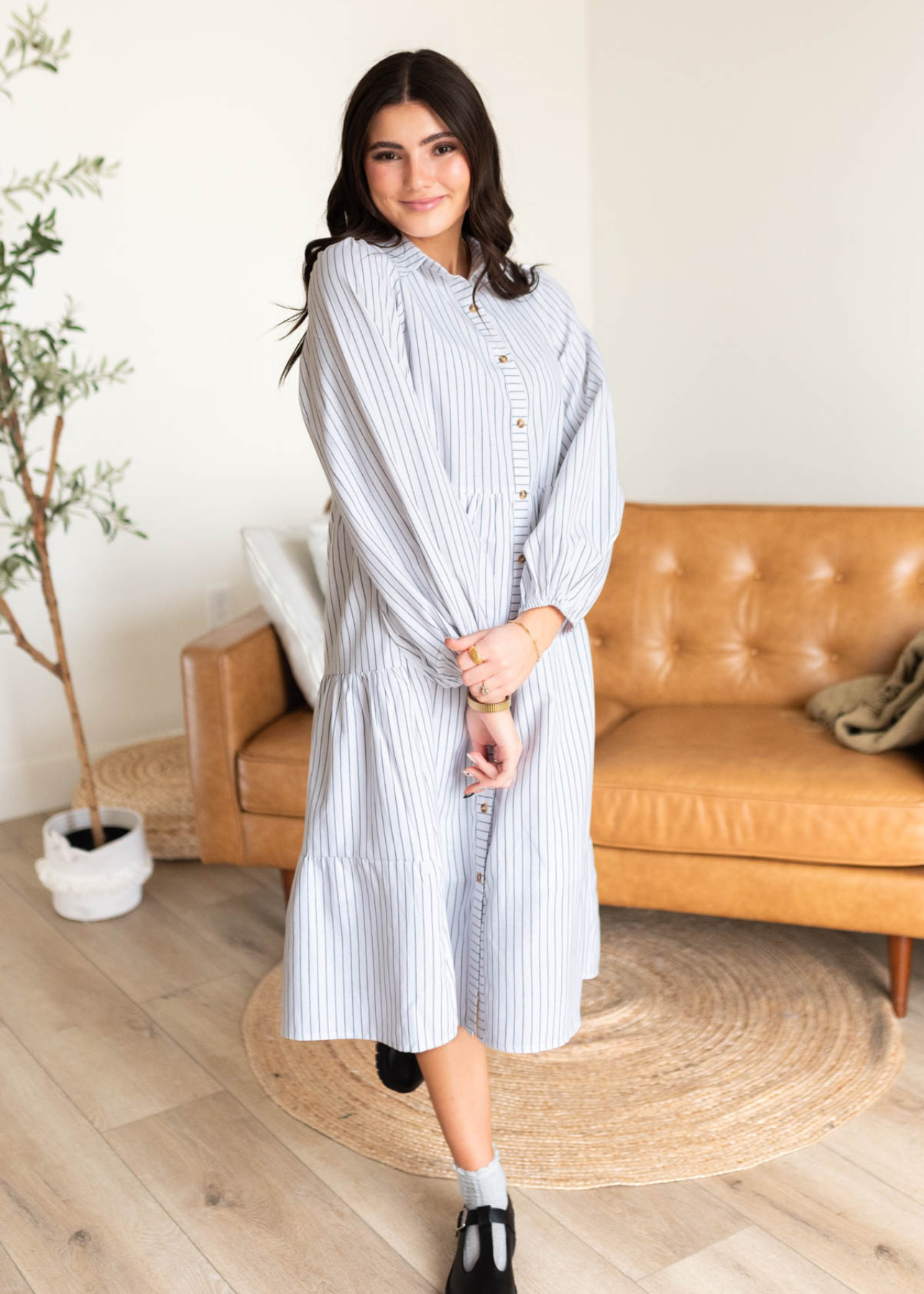 Long sleeve white stripe dress