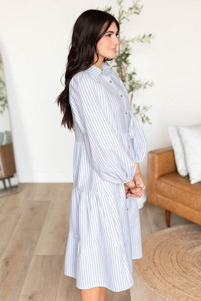 Side view of the white stripe dress