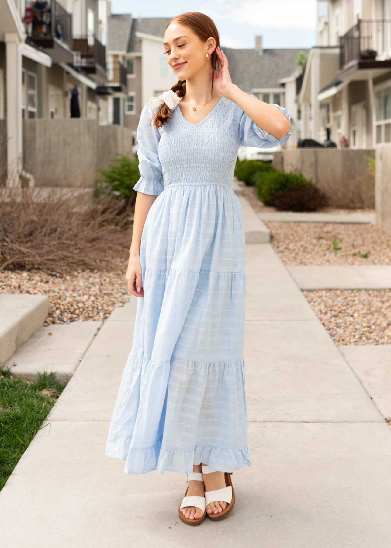 Short sleeve sky blue maxi dress