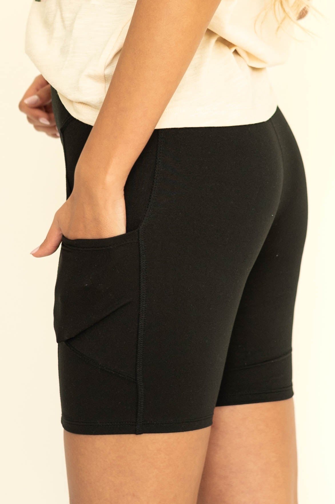 Side view of black bike shorts