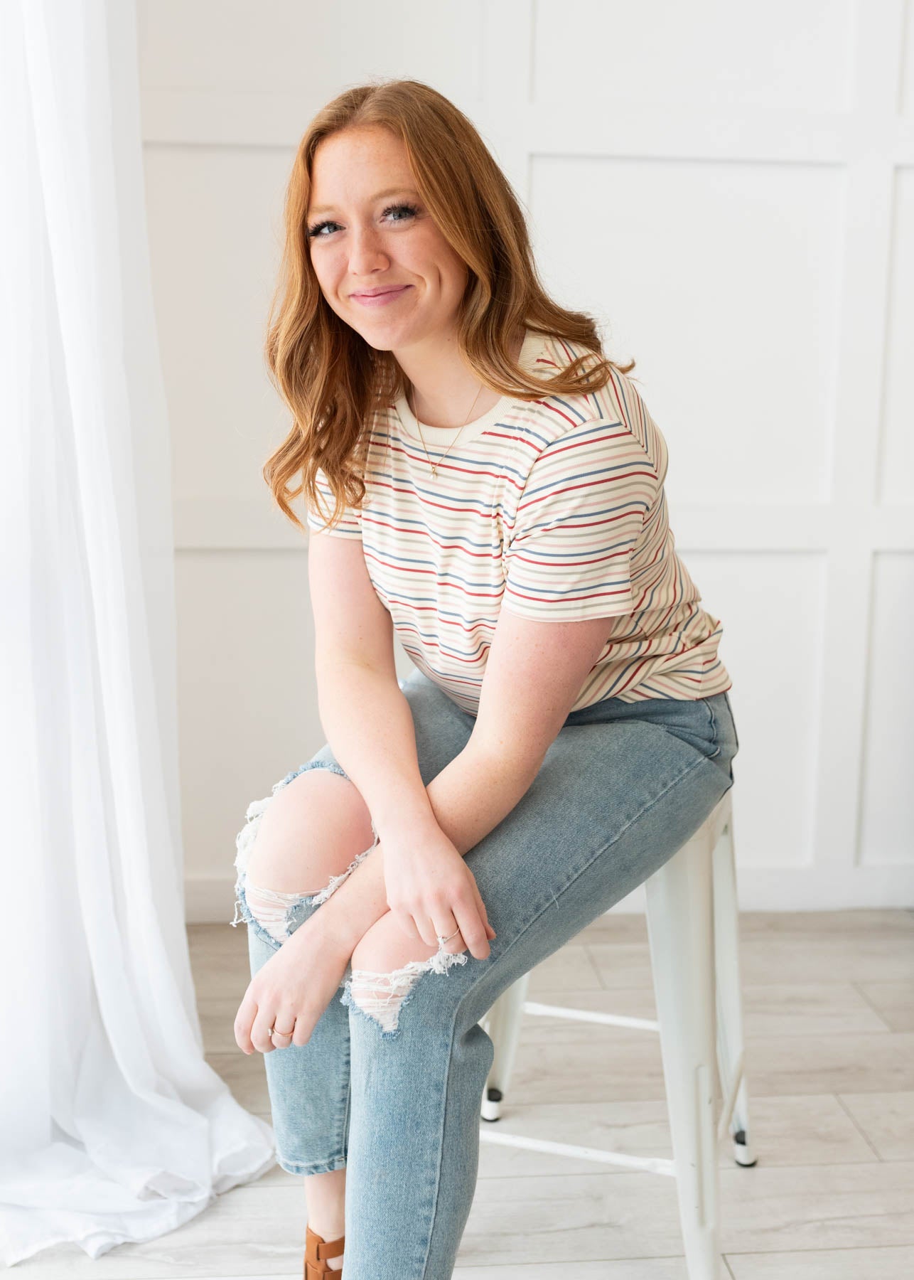 Ivory multi stripe top with short sleeves