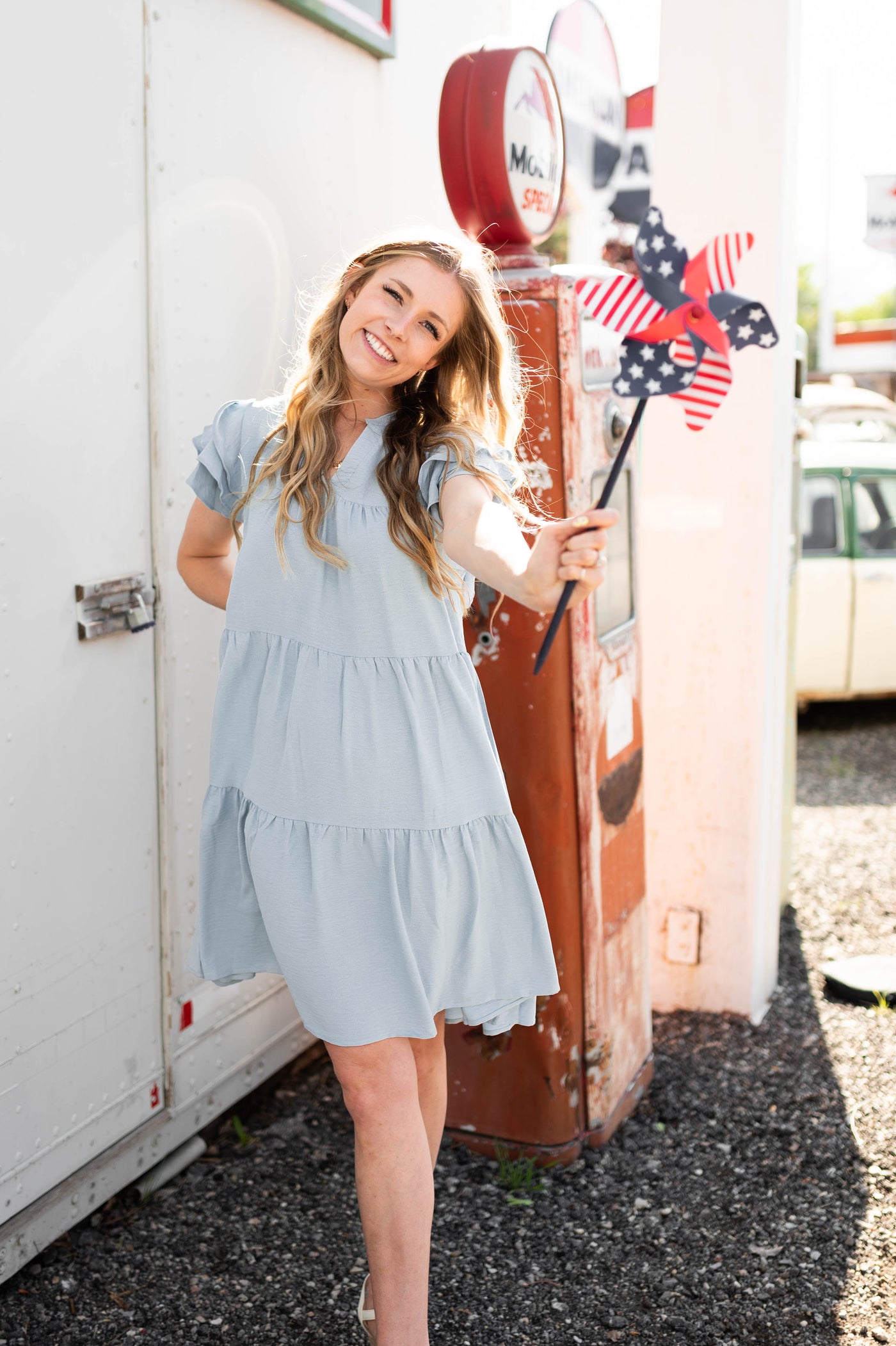 Blue dress with ruffles on sleeves