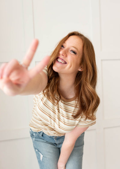 Small taupe stirpe top