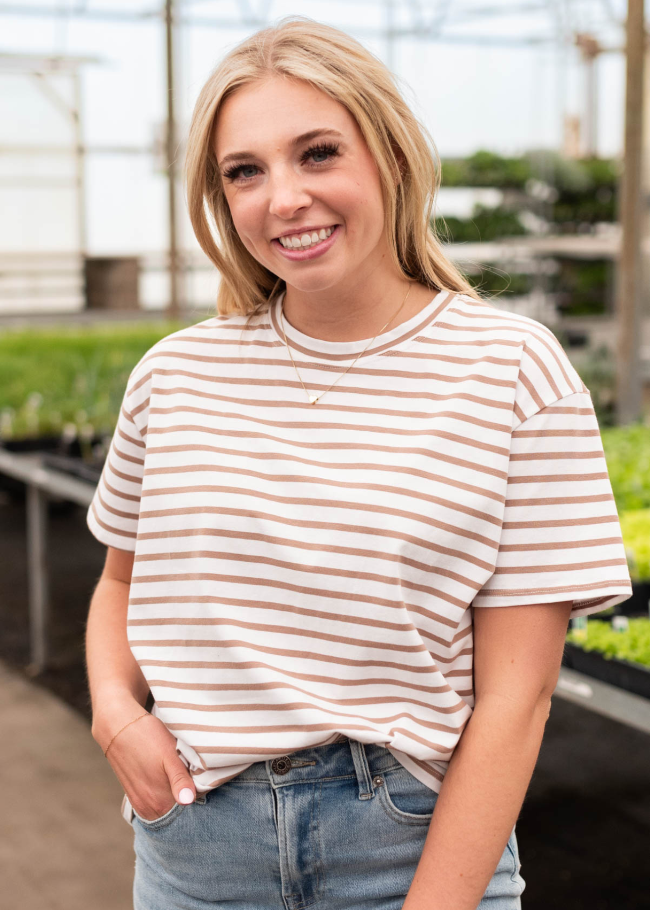 Short sleeve white taupe striped top