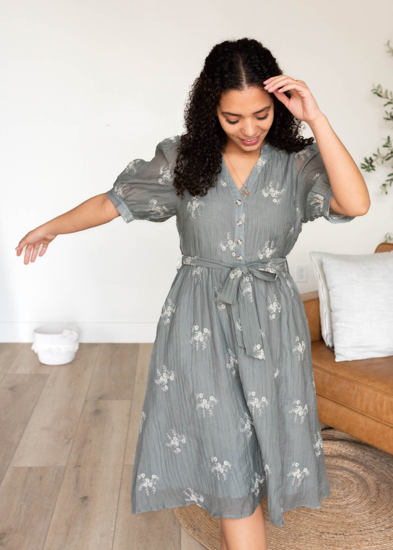 Short sleeve dusty sage embroidered dress