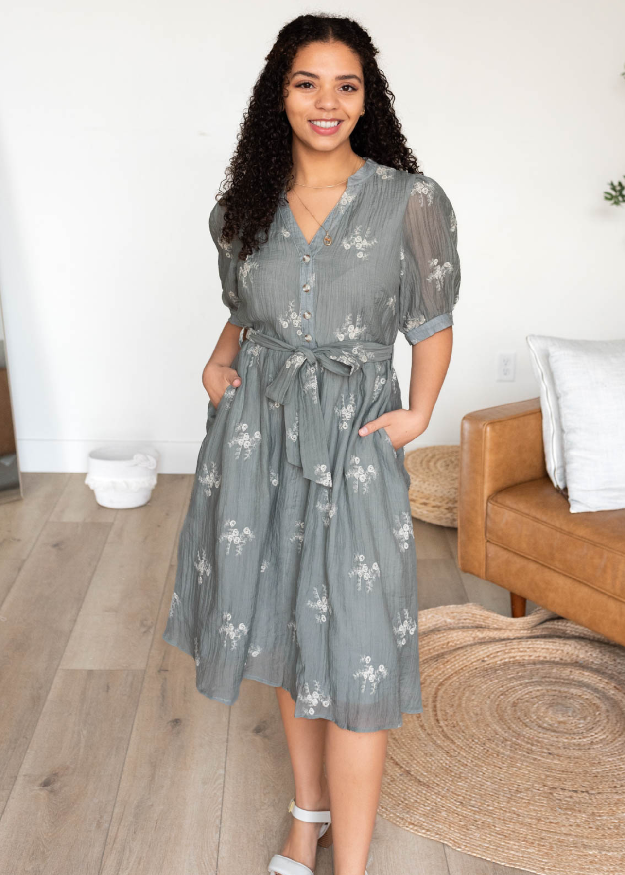 Dusty sage embroidered dress