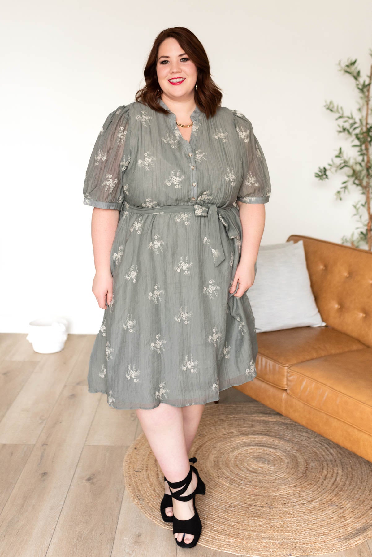 Plus size dusty sage embroidered dress with short sleeves