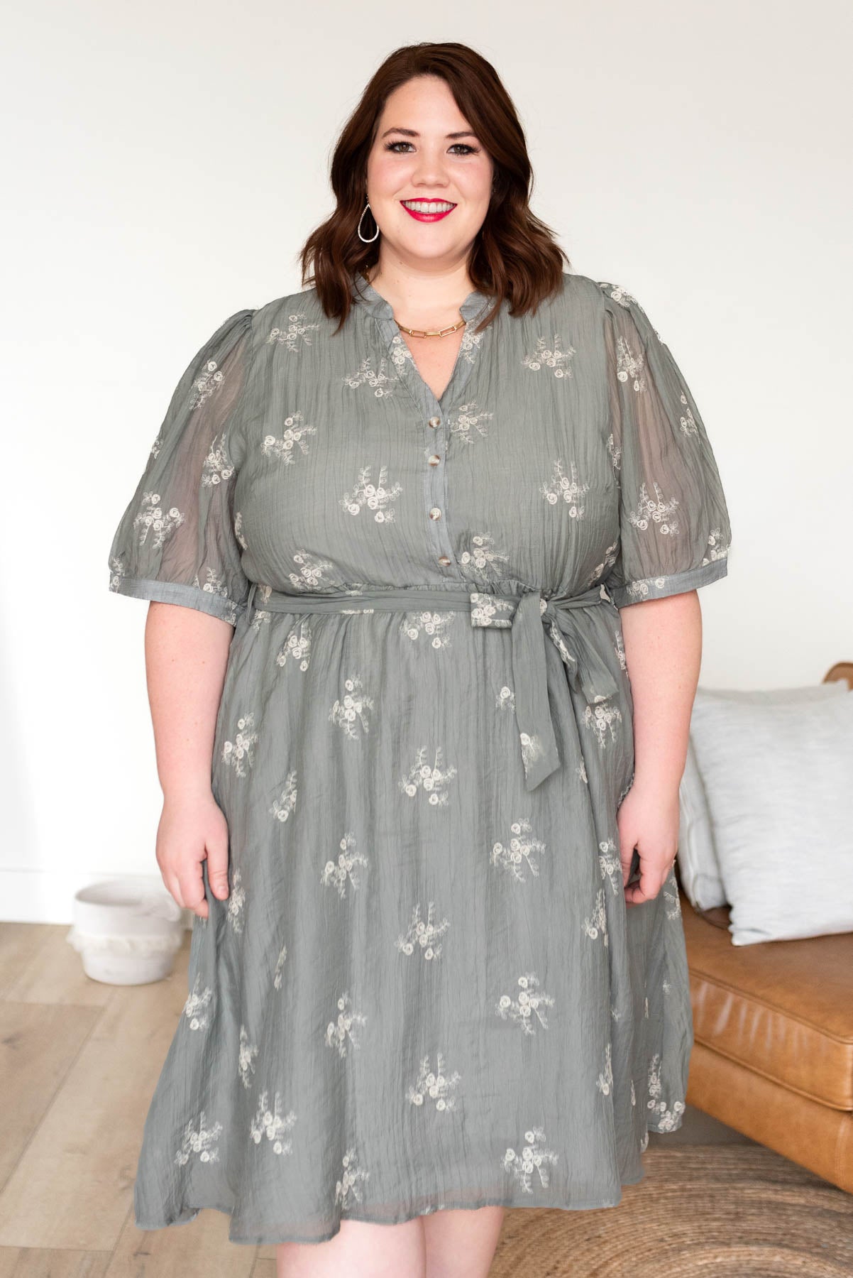 Dusty sage embroidered dress with a tie at the waist in plus size