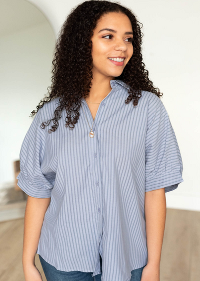 Button up light blue stripe top with collar