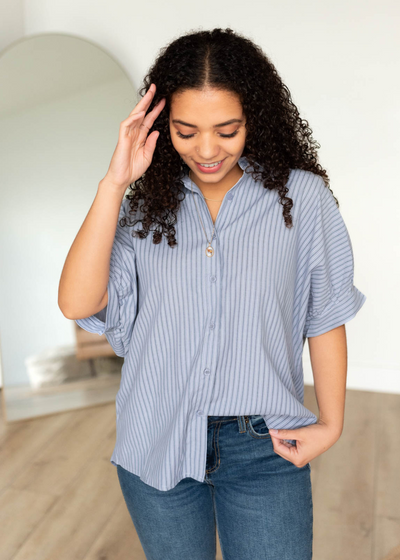 Button up light blue strpe top