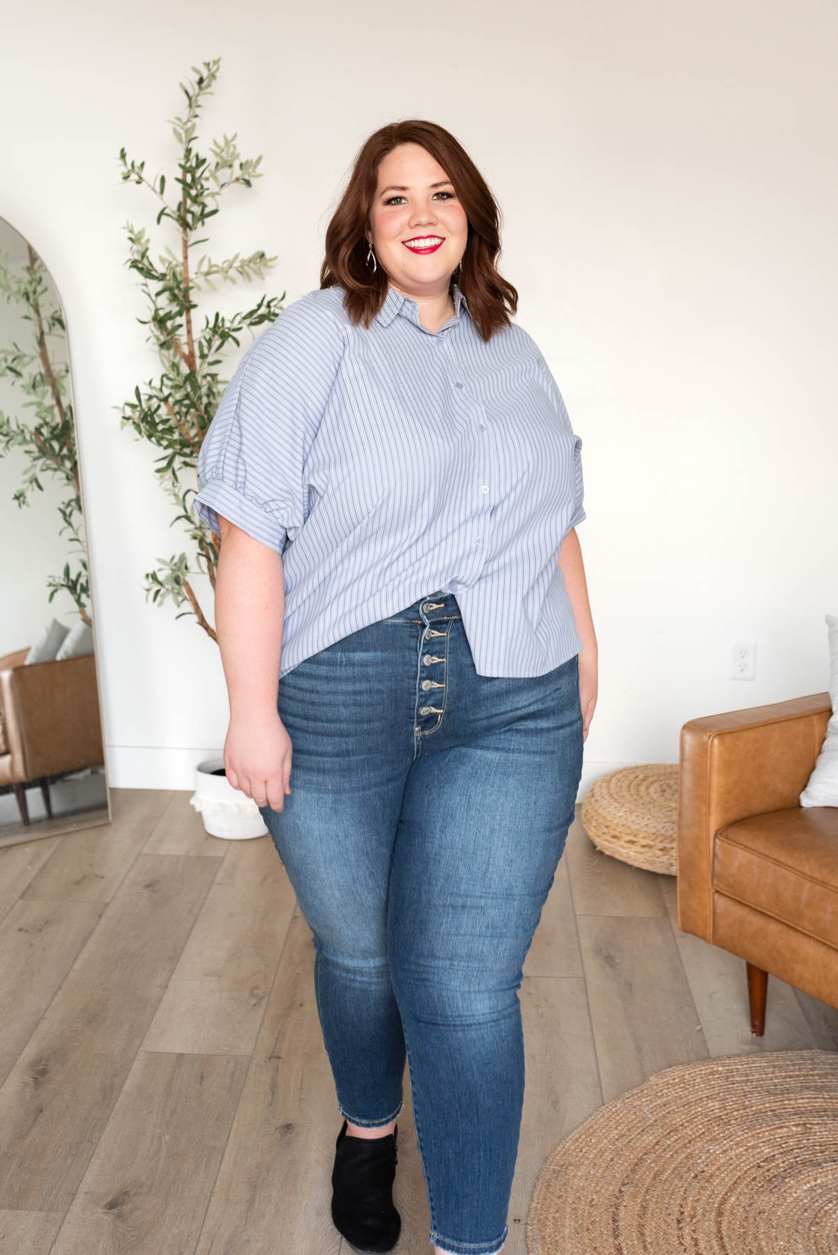 Short sleeve light blue stripe top in plus size