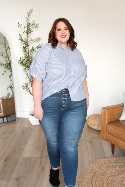 Short sleeve light blue stripe top in plus size