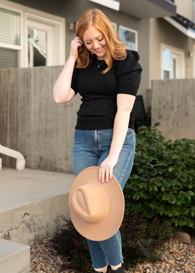 Black top with gathered sleeves