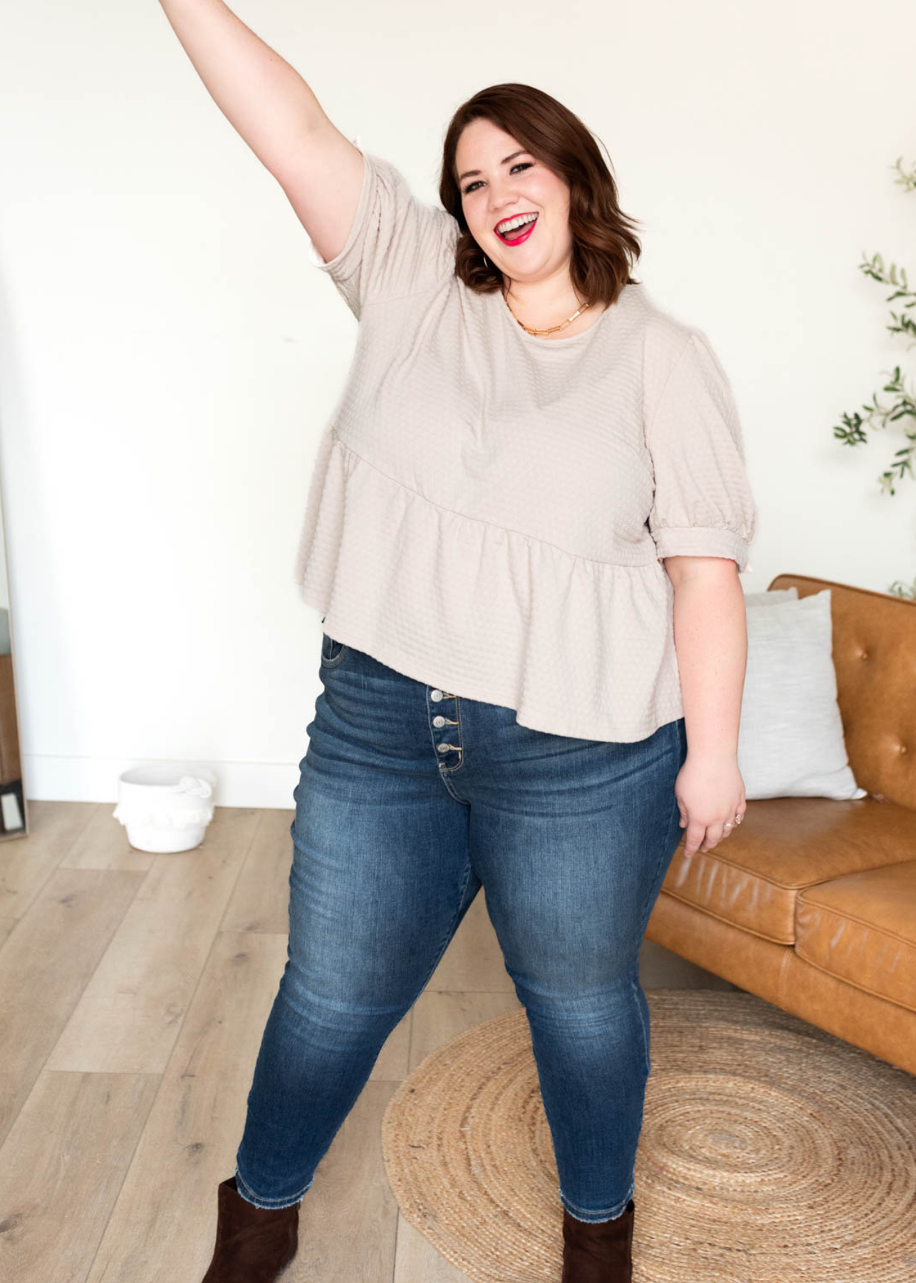 Short sleeve plus size beige tiered top