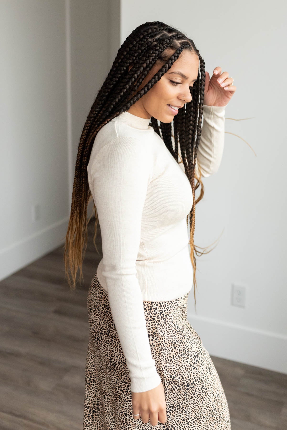 Side view of the oatmeal ribbed top