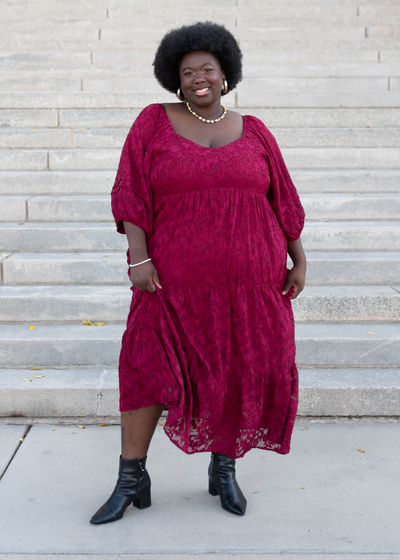 High waisted plus size red floral pattern dress