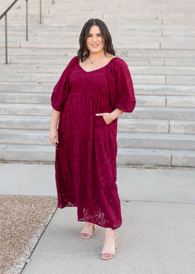 Plus size red floral pattern dress with pockets