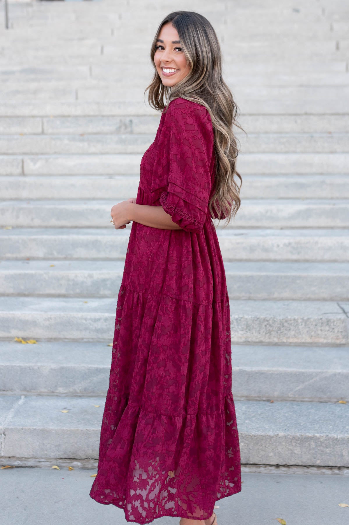 Side view of the red floral pattern dress