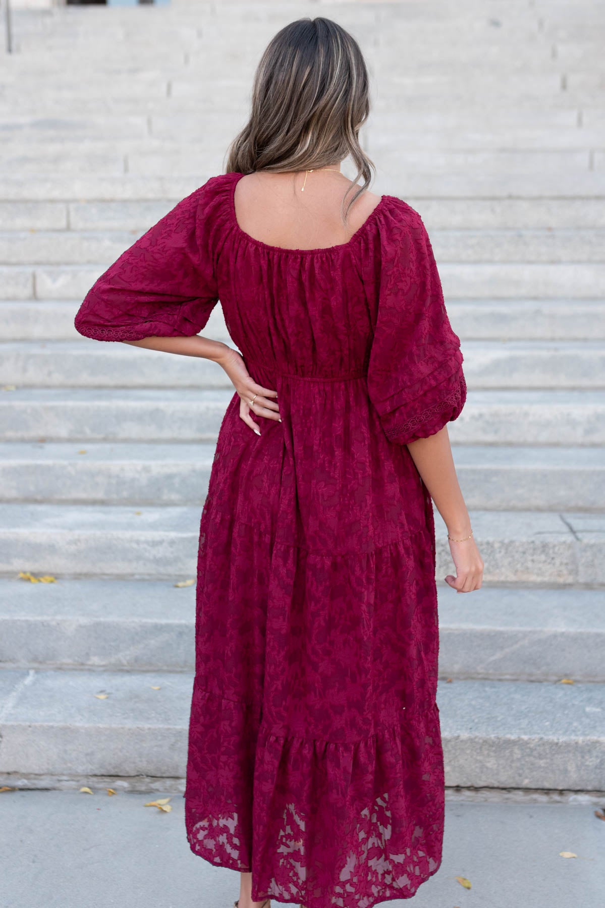 Back view of the red floral pattern dress