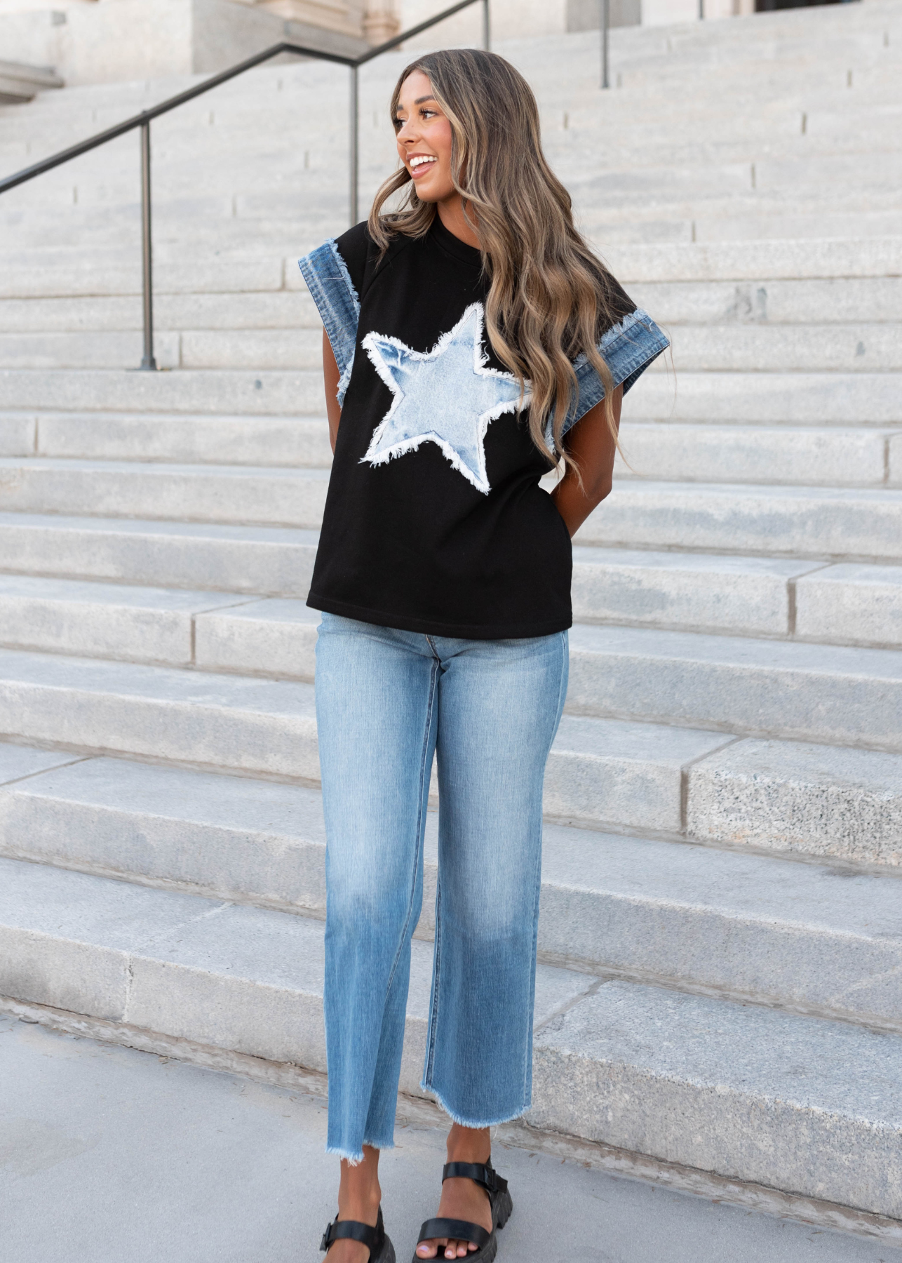 Short sleeve black denim star top