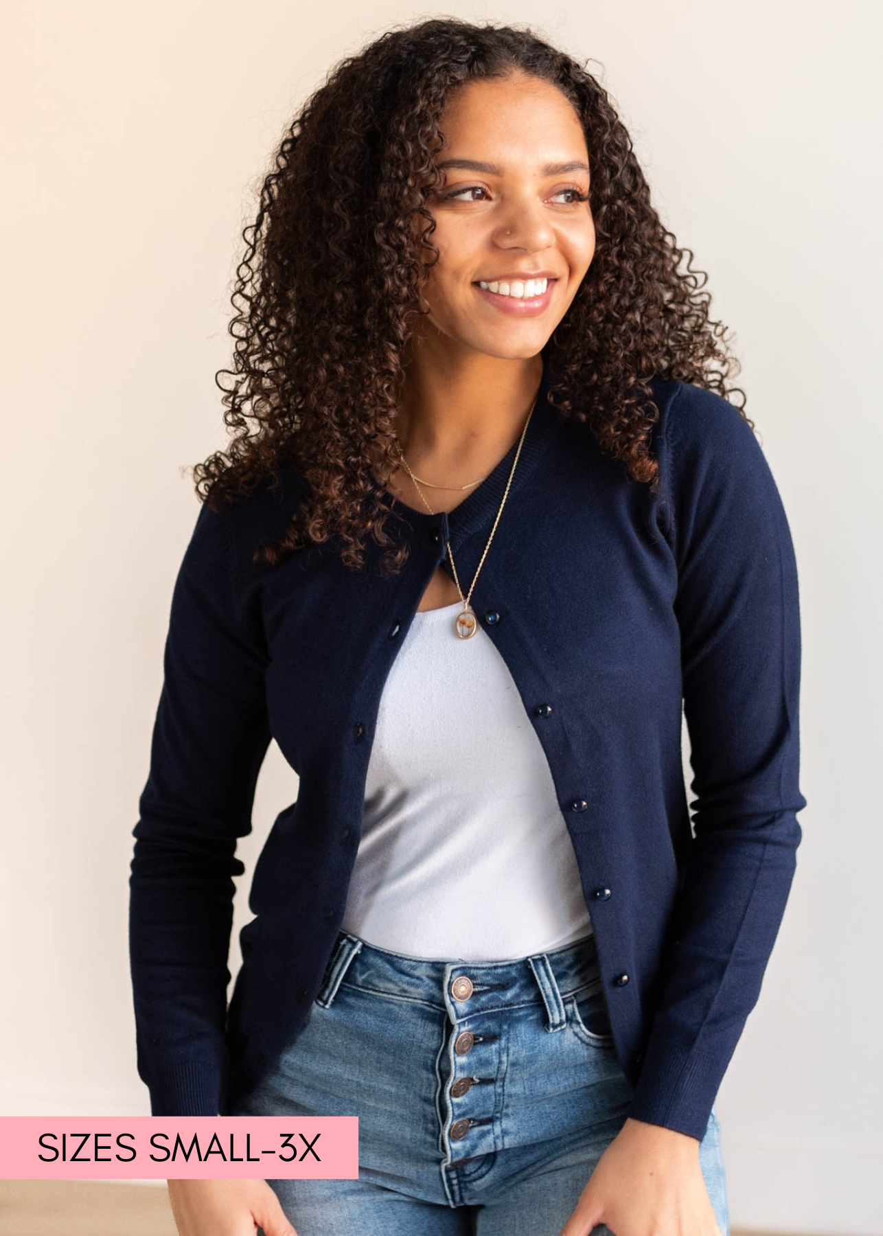 Round neck navy button down cardigan with navy buttons