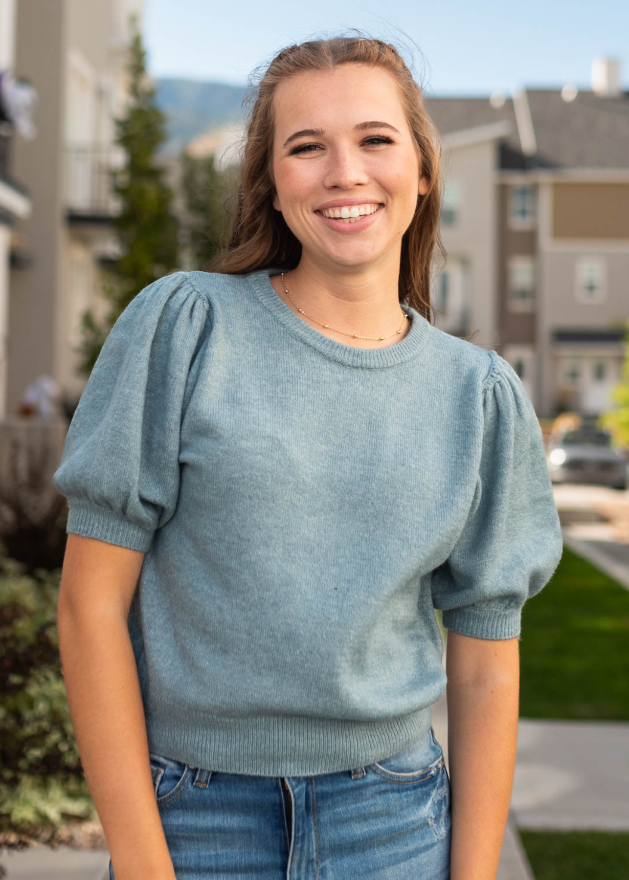 Small blue grey top with short sleeves