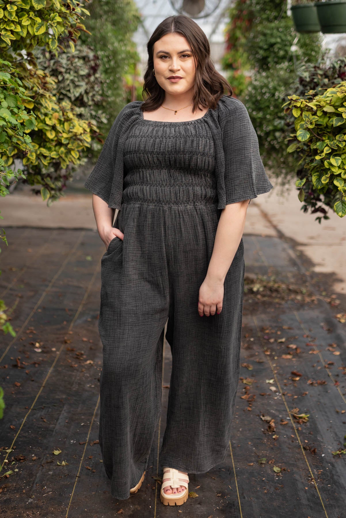 Plus size charcoal wide leg jumpsuit