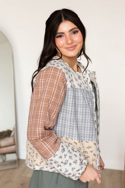 Side view of the ivory pattern block jacket