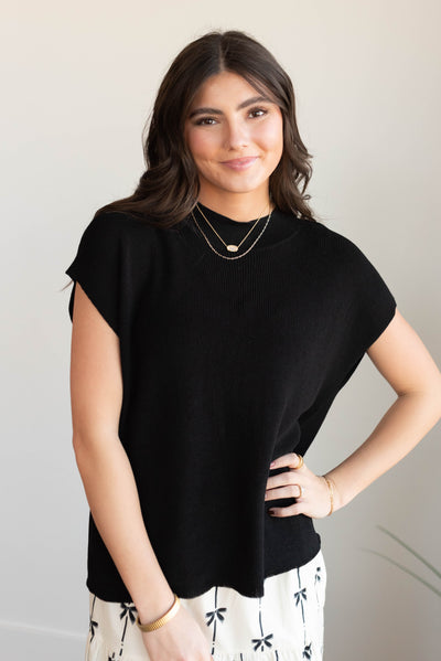 Short sleeve black cap sleeve sweater top