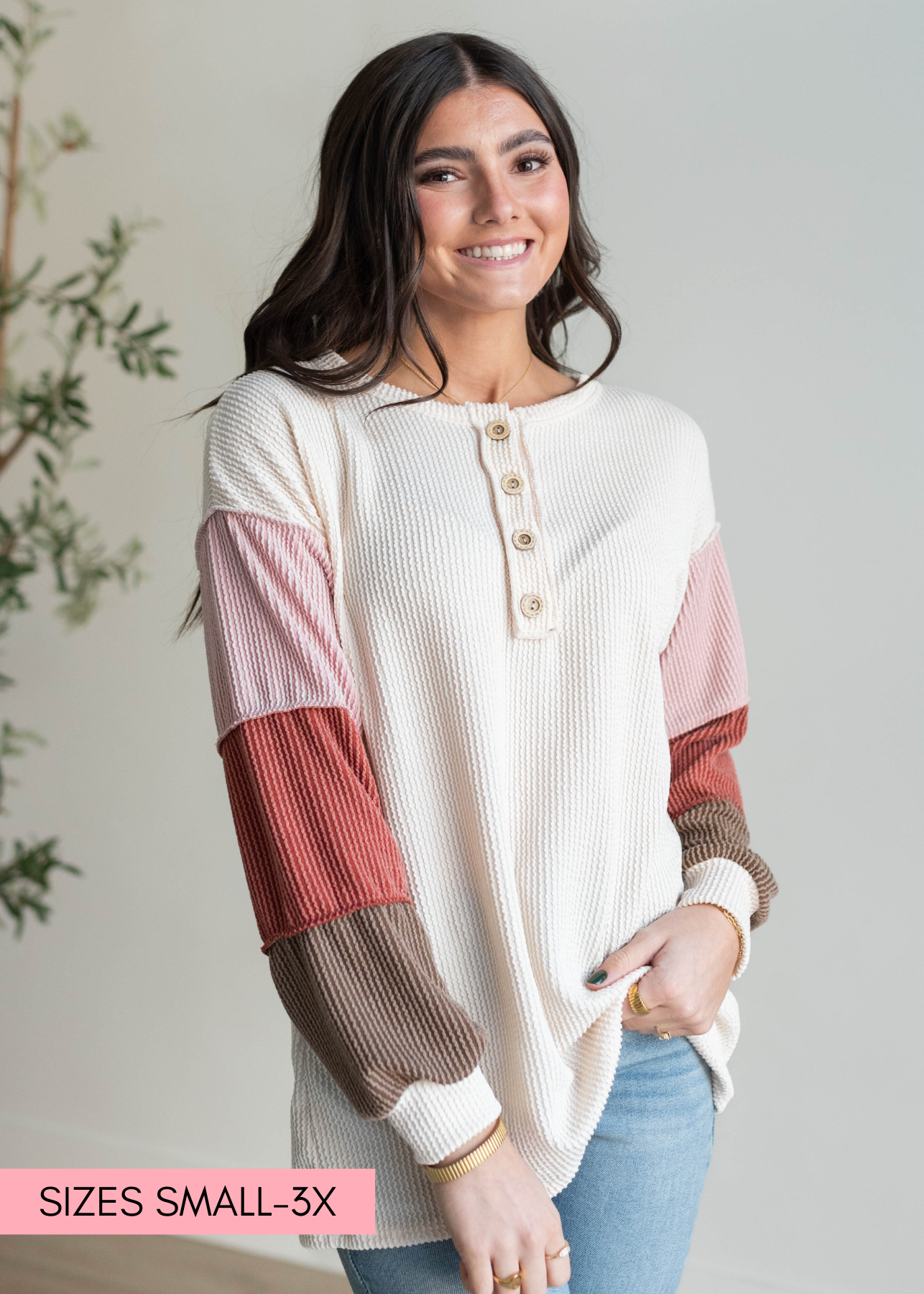 Denise Cream Colorblock Long Sleeve Top