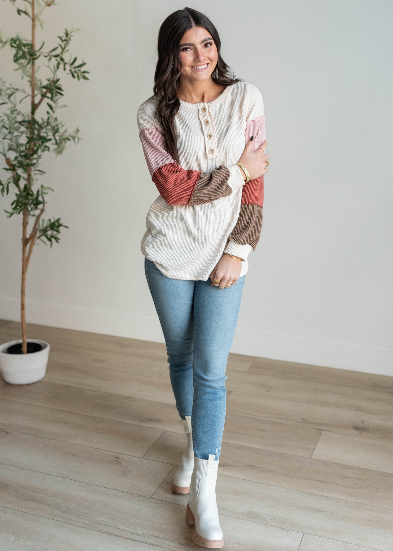 Denise Cream Colorblock Long Sleeve Top