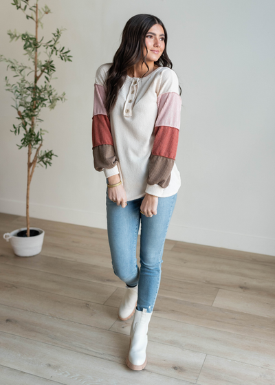 Denise Cream Colorblock Long Sleeve Top