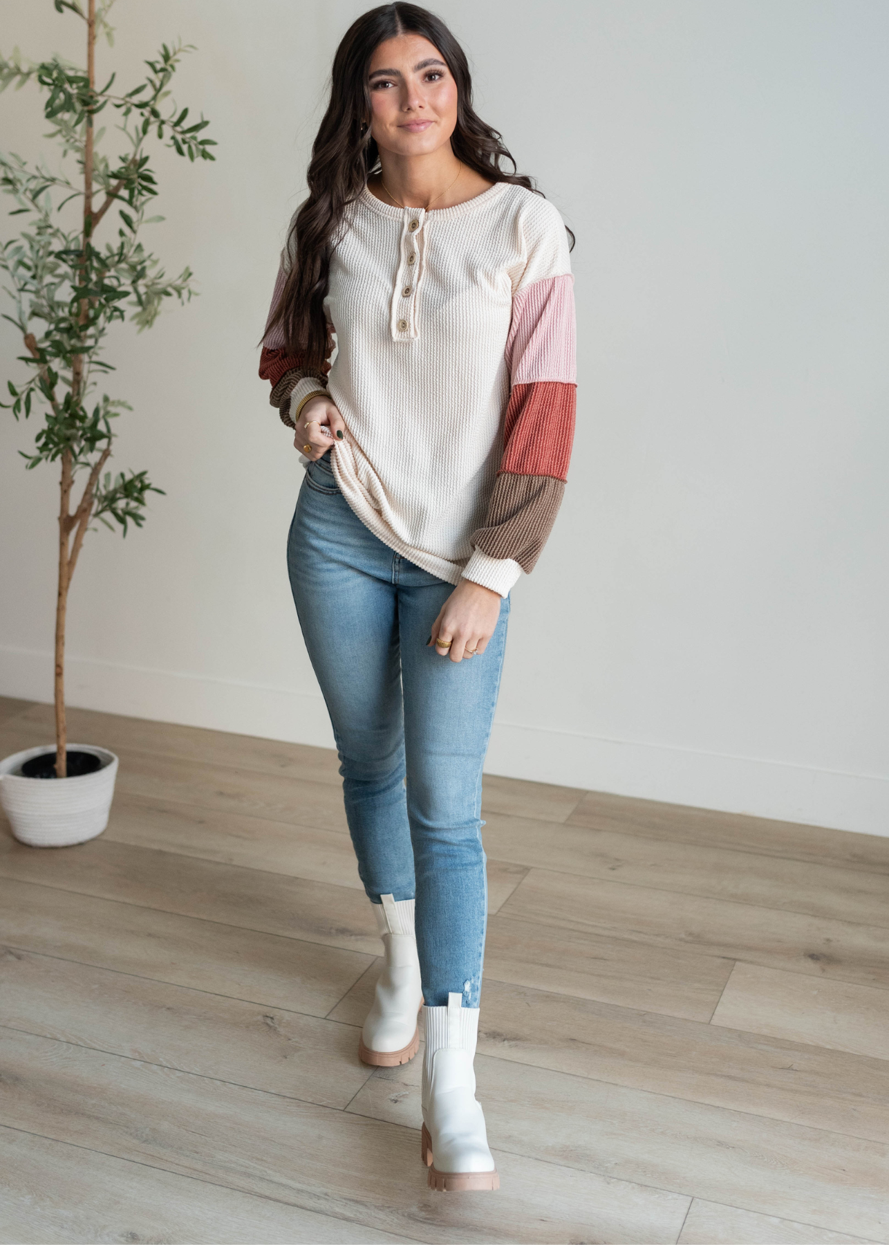 Denise Cream Colorblock Long Sleeve Top