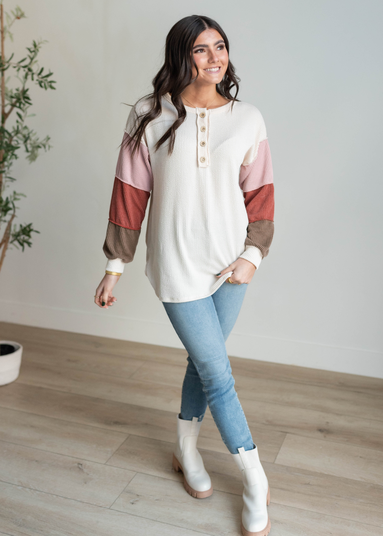 Denise Cream Colorblock Long Sleeve Top