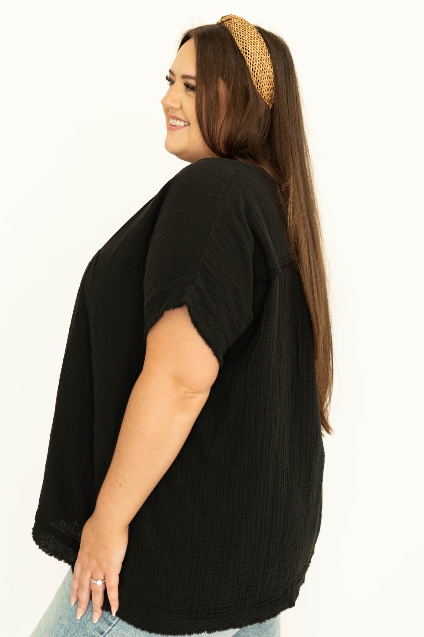 Side view of a plus size black top