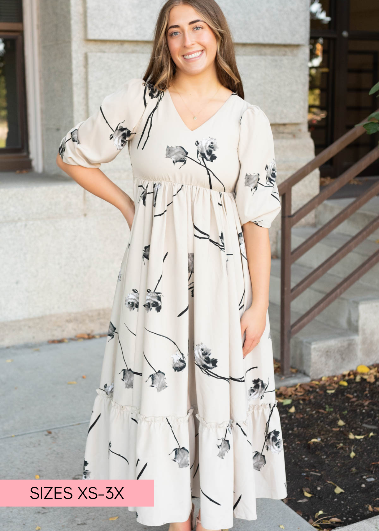 Beige floral dress with short sleeves