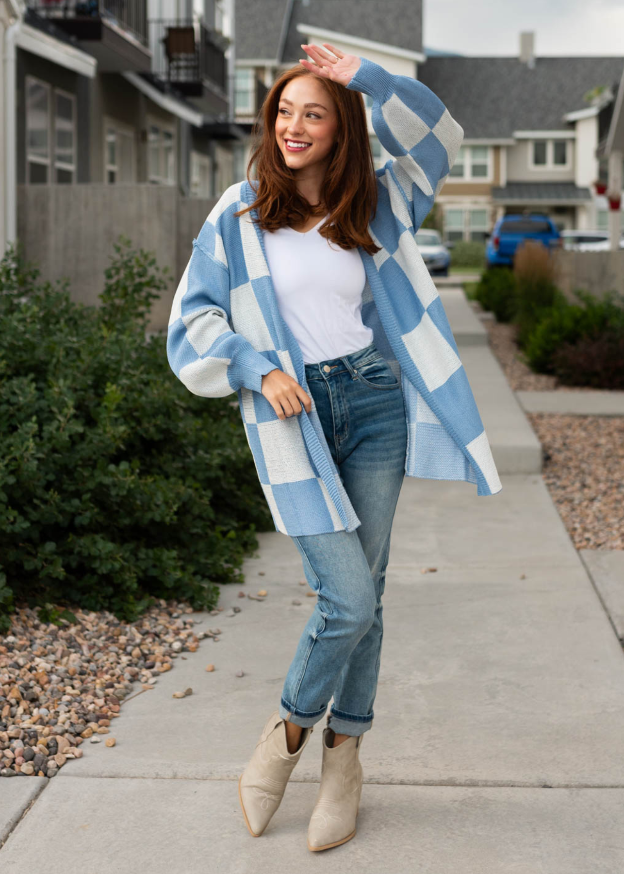 Long sleeve checkered blue cardigan