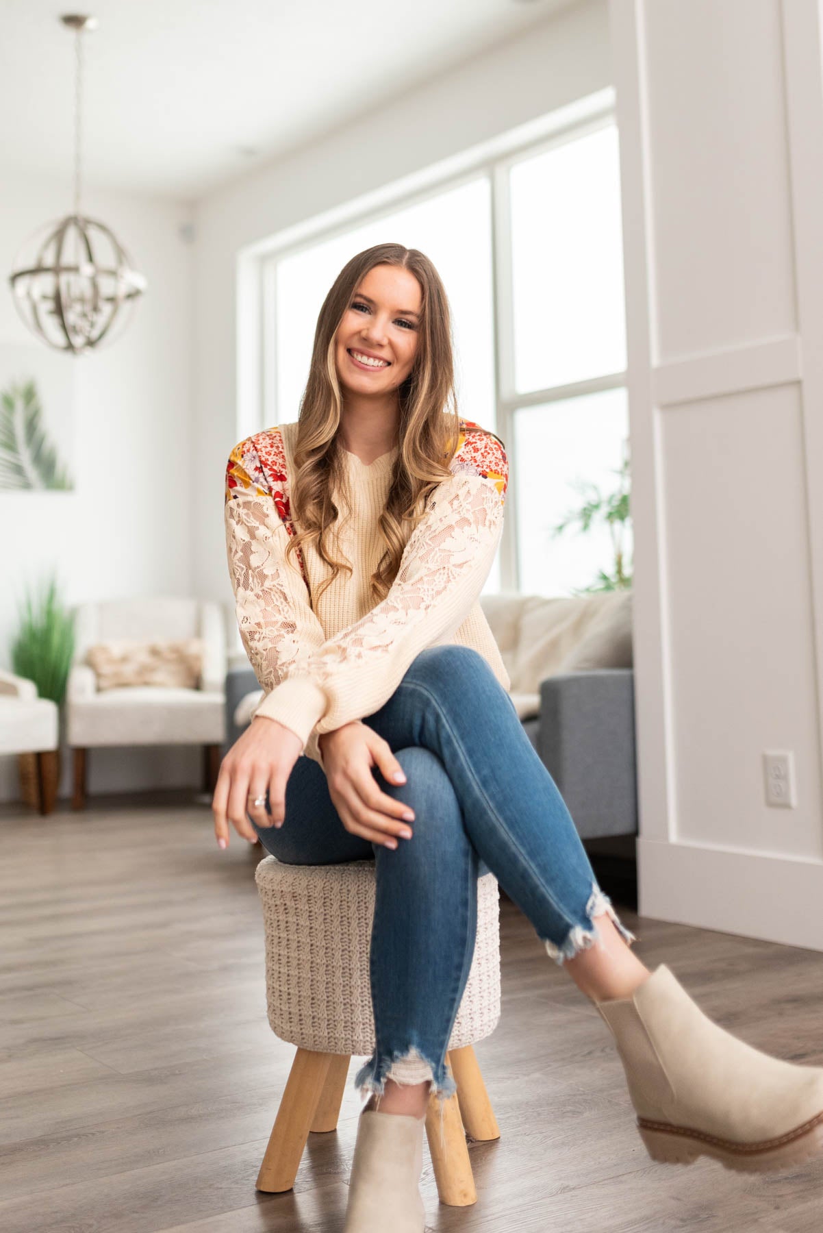 Ivory floral sweater with long lace sleeves