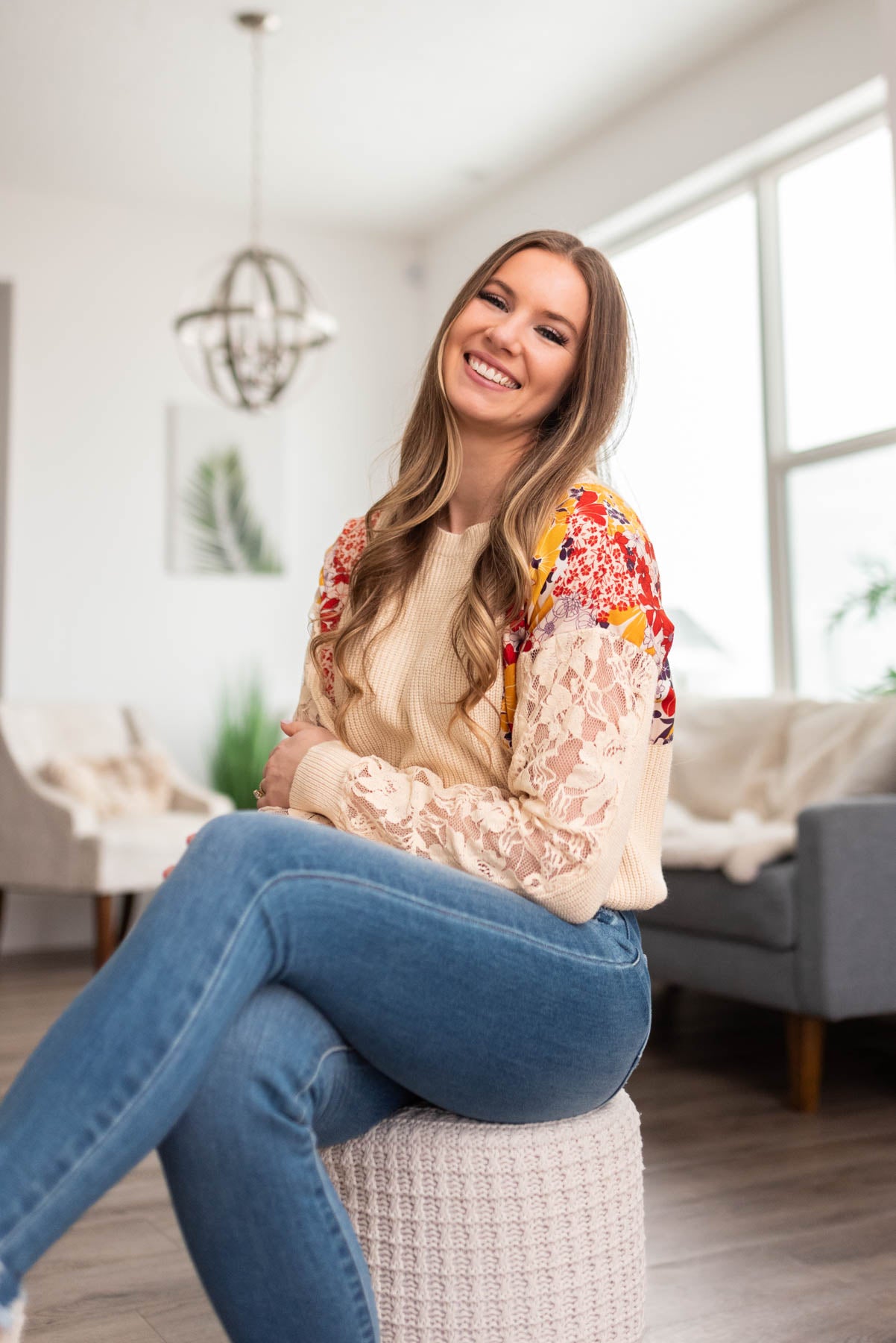 Long sleeve floral sweater with lace sleeves