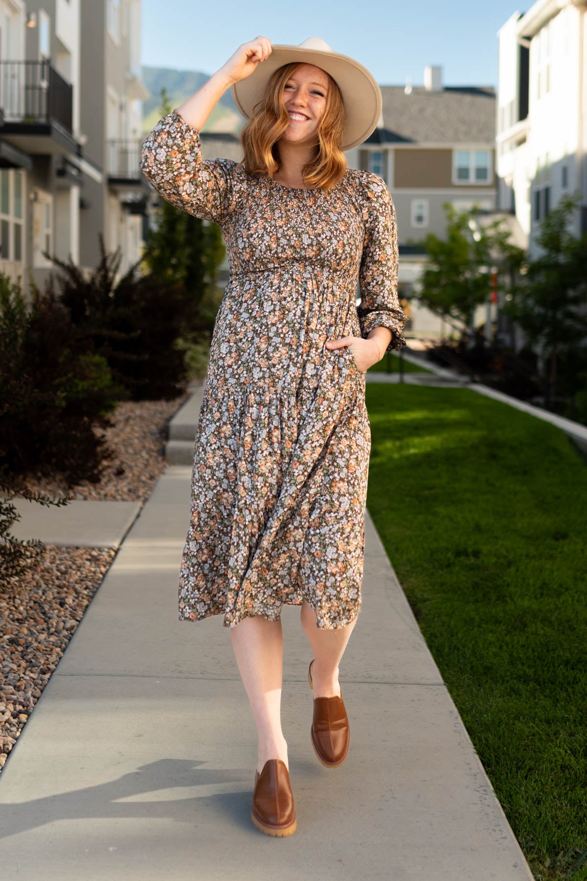 Long sleeve chestnut floral dress