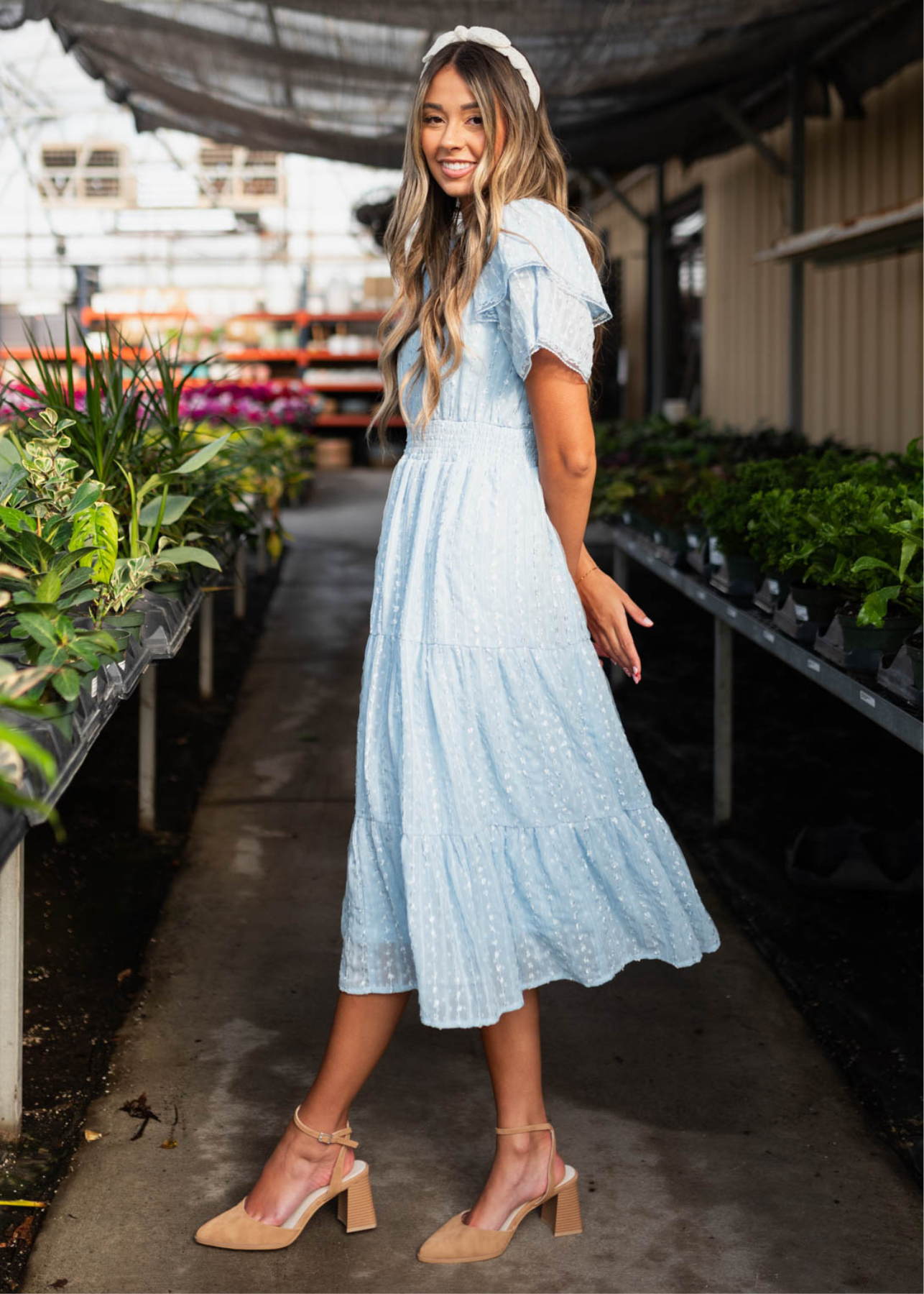 Light blue lace dress with short sleeves