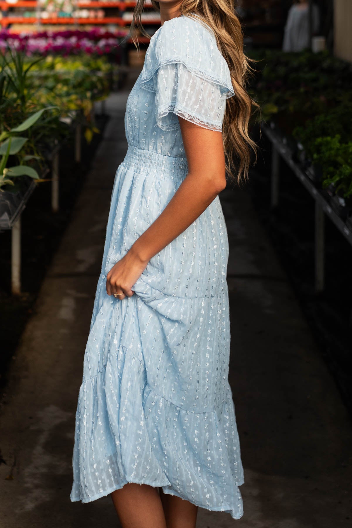 Side view of the light blue lace dress