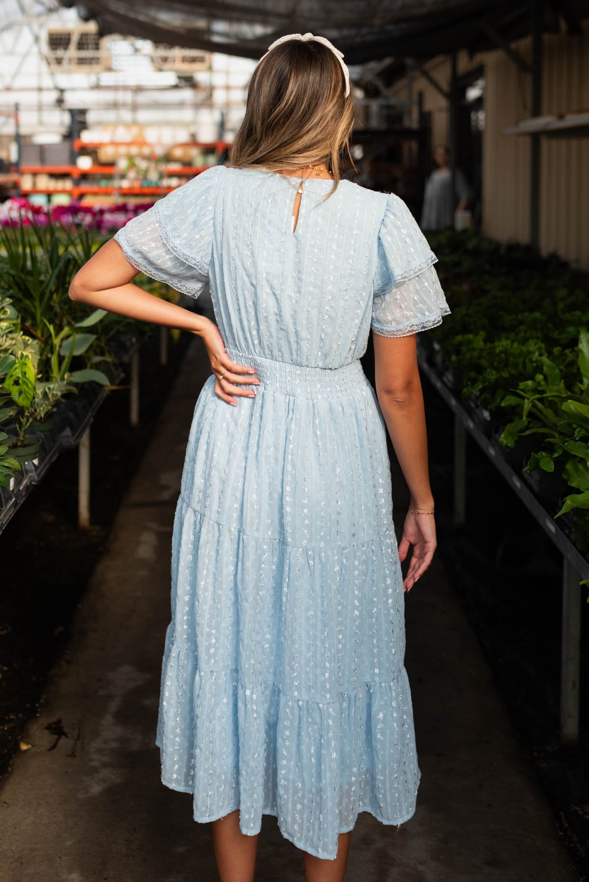 Back view of the light blue lace dress