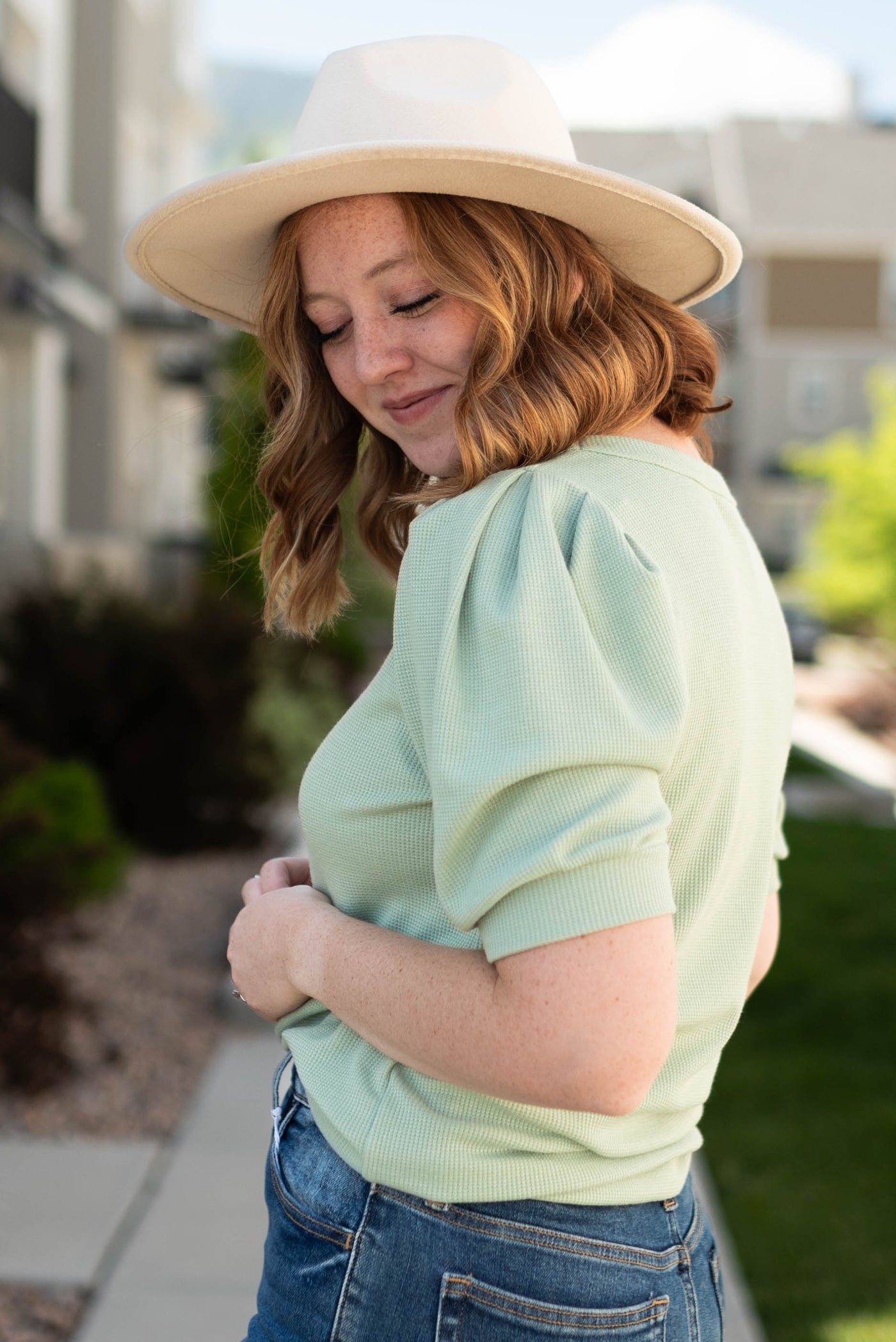 Side view of a sage top